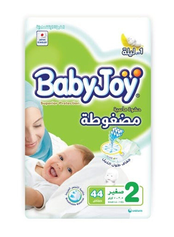 

Baby Joy Compressed Tape Diaper, Size 2, Small, 3.5-7Kg, 44 Count