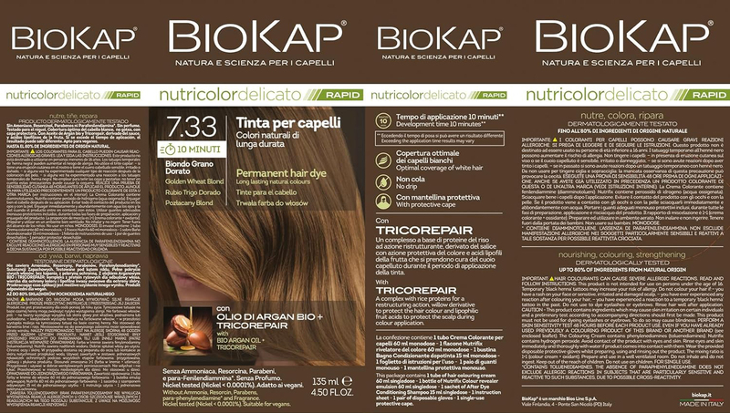 Biokap Nutricolor Delicato Permanent Rapid Hair Dye, 4.50 oz, 7.33 Golden Blond Wheat