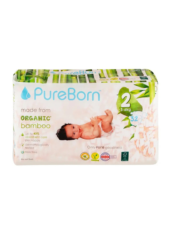 PureBorn Organic Bamboo Diapers - 3-6 Kg, Size 2 - 32 Counts