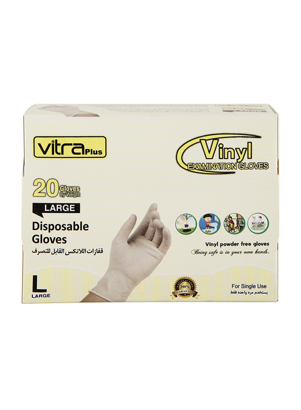 Vitraplus Vinyl Disposable Gloves, Large, 20 Pieces