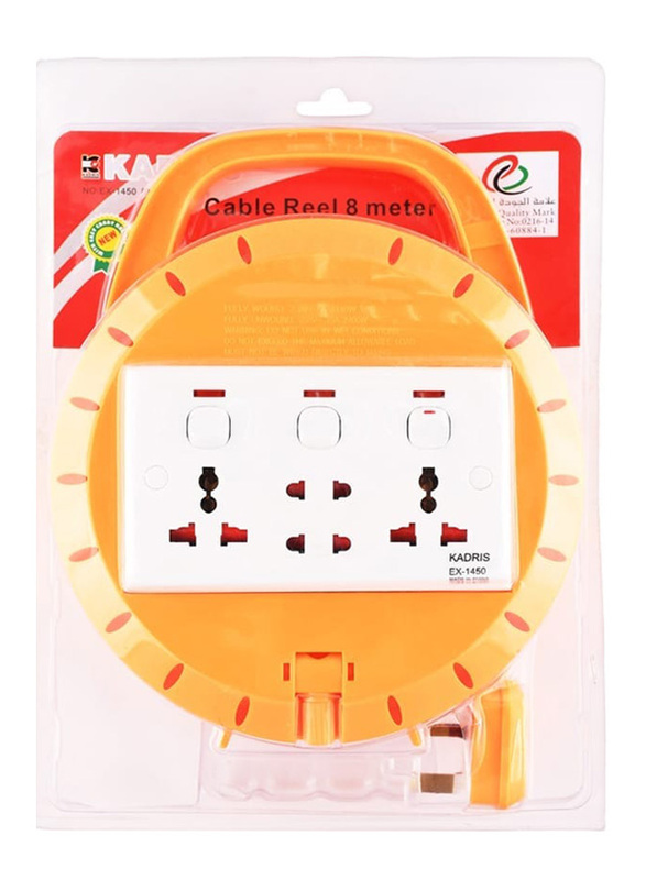 Kadris 3-Way Extension Socket with 8 Meter Cable Reel, EX-1450, Orange/White