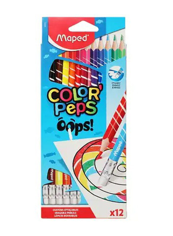 Maped Colour Peps Oops Erasable Colouring Pencils Set, 12 Pieces