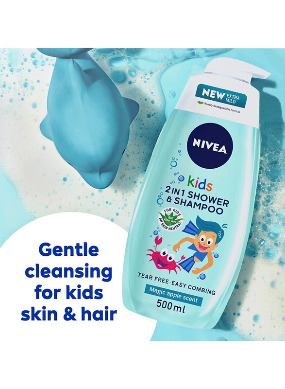 Nivea 500ml Magic Apple Scent 2 in 1 Shower & Shampoo for Babies, Blue