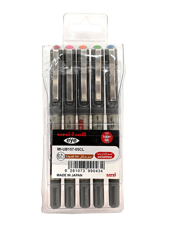Uniball 5-Piece Water Resistant Liquid Ink Eye Fine Pen, Multicolour