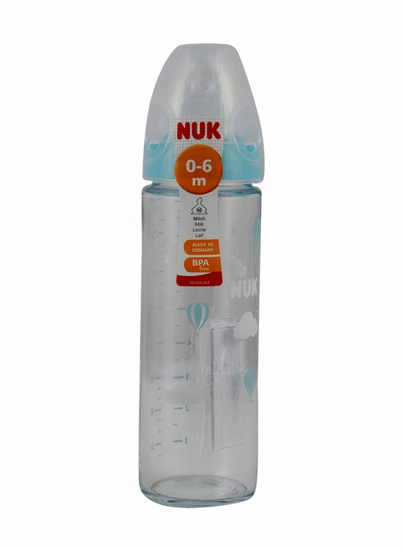 Nuk New Classic Glass Baby Feeding Bottle, 240ml, Clear/Blue
