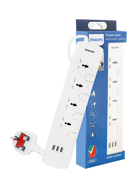 

Philips 4 Way Extension Socket with 2 Meter Cord, SPN3144WA/56, White