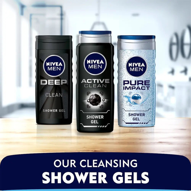 Nivea Men 3in1 Shower Gel Body Wash, Deep Micro-Fine Clay Woody Scent, 2 x 250ml