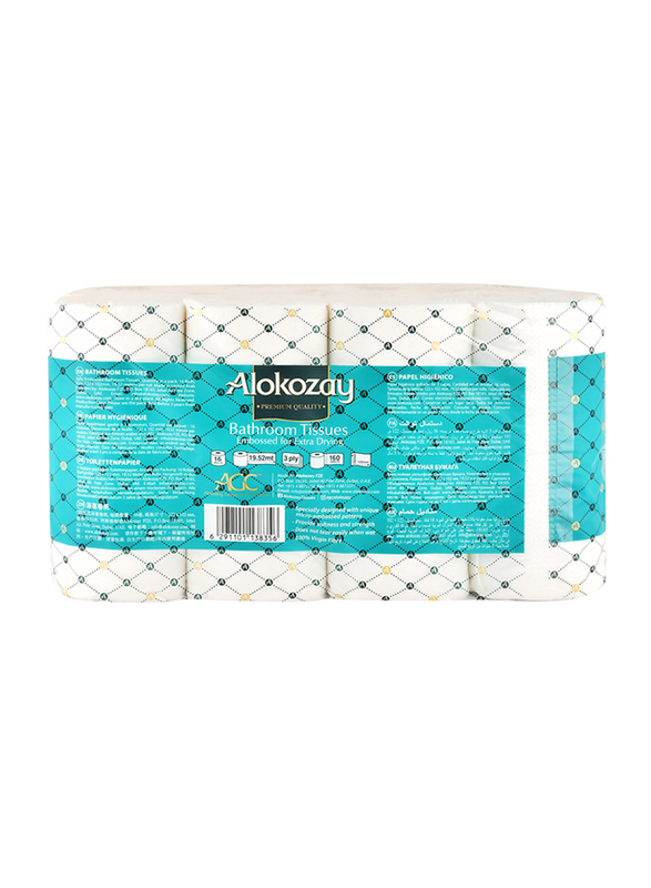 Alokozay Premium Quality Super Dry 3 Ply Bathroom Tissues Rolls, 16 x 160 Sheets