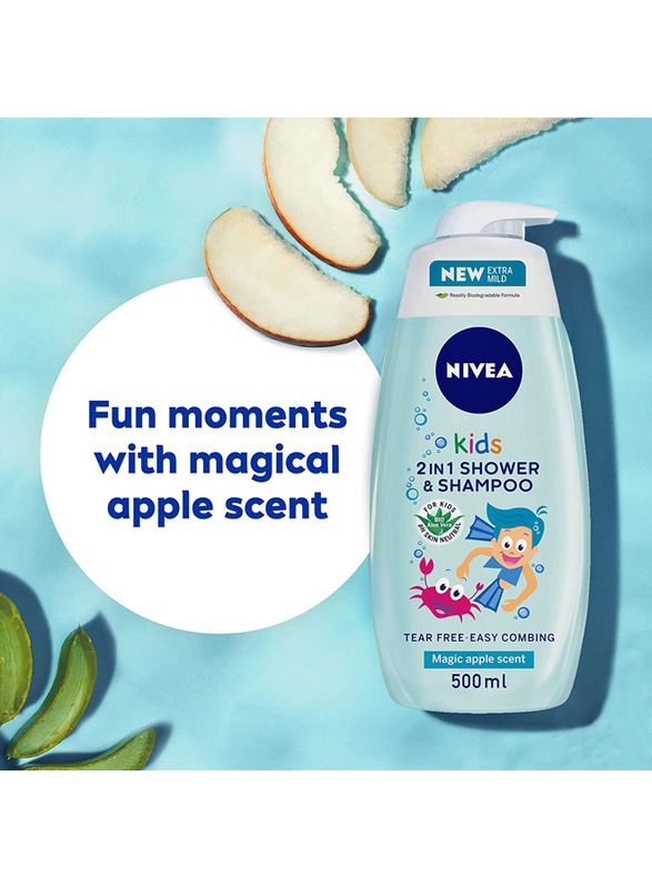 Nivea 500ml Magic Apple Scent 2 in 1 Shower & Shampoo for Babies, Blue