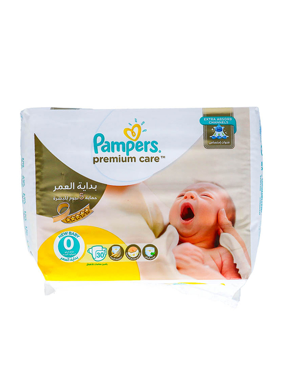Pampers Premium Care Diapers, Size 0, New Baby, Upto 2.5 kg, Carry Pack, 4x30 Count