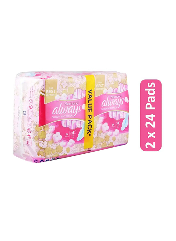 Always Diamond Cotton Soft Maxi Thick Sanitary Pads, 2 x 24 Pads