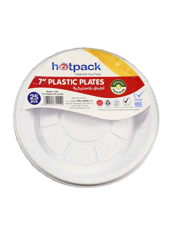 

Hotpack 25-Piece 7-inch Plastic Round Plate Set, PARPP7D, White