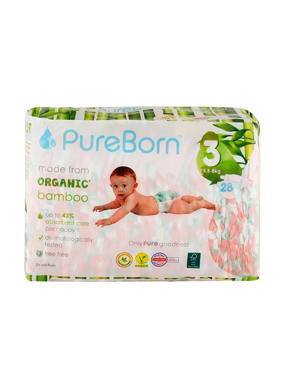 PureBorn Organic Bamboo Diapers - 5.5-8 Kg, Size 3 - 28 Counts