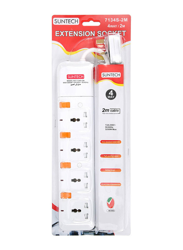 

Suntech 4-Way Extension Socket Bar with 2 Meter Cable, 7134S-2M, White
