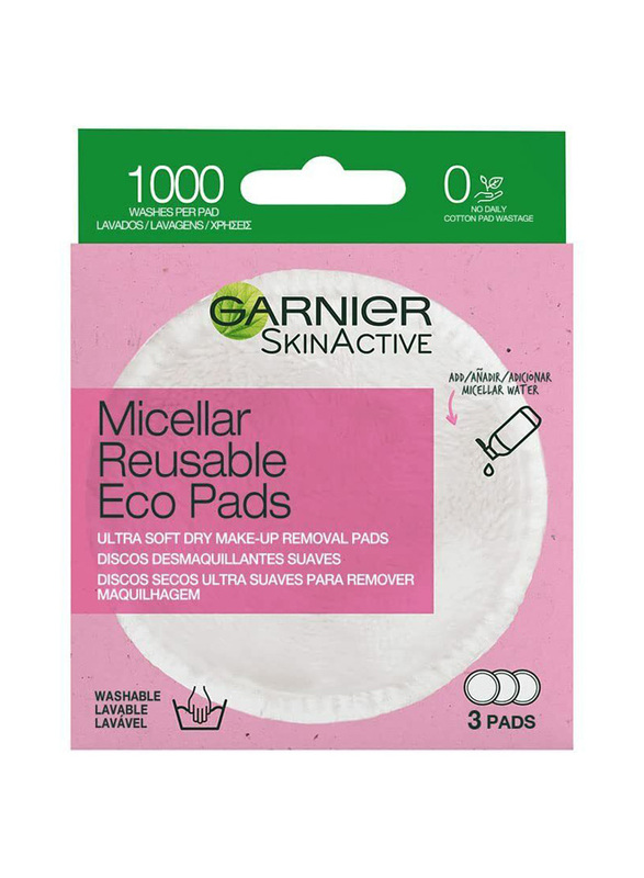 Garnier Skin Active Micellar Reusable Eco Pads, 3 Pieces, Pink