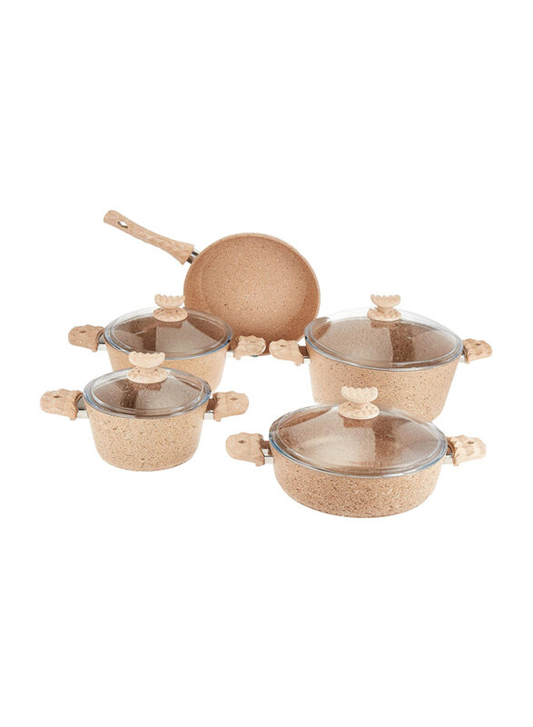 

Home Maker 9-Piece Round Granite Cookware Set with Lid, Light Brown