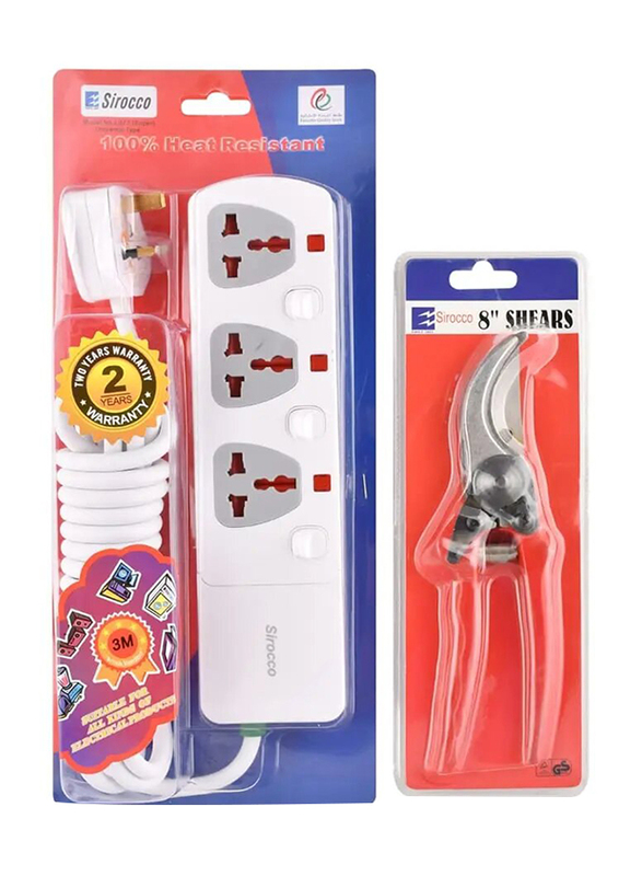Sirocco 3 Way Extension Socket with 1.25 x 3 Meter Cord and 8" Shears Set - White
