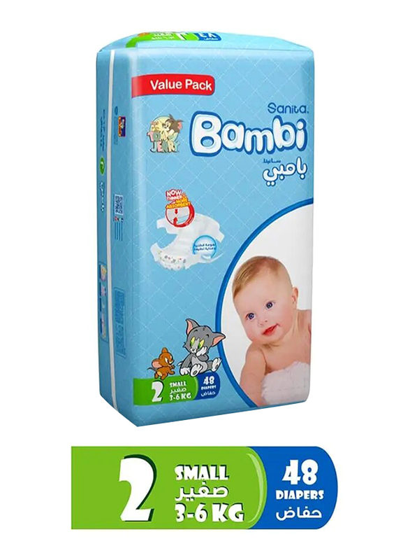 Sanita Bambi Baby Diapers Value Pack Size 2, Small, 3-6 Kg - 48 Count