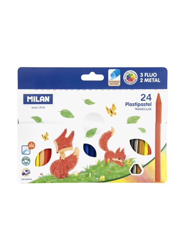 Milan Triangular Crayons 3 Fluo & 2 Metal Colours, 24 Pieces, Multicolour