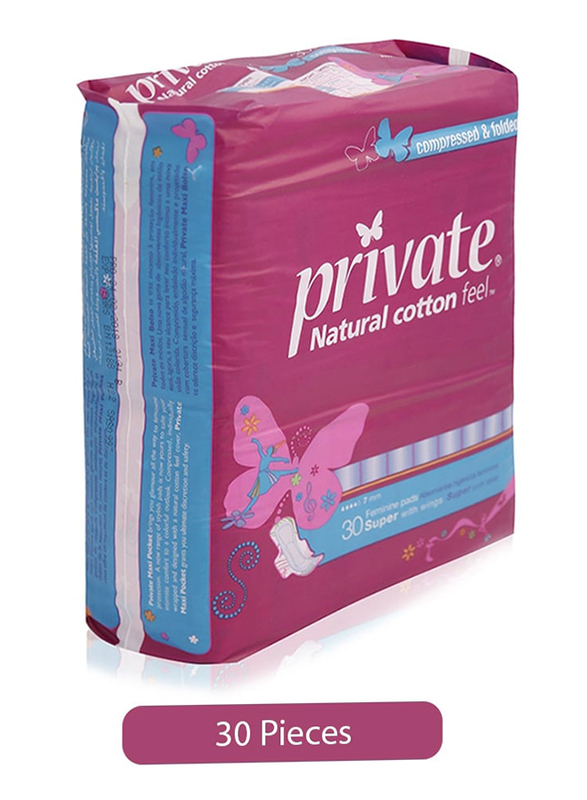 Private Natural Cotton Feel Super with Wings Sanitary Napkins, 30 Pads