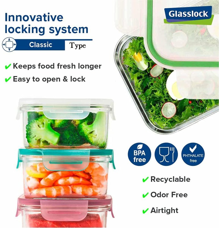 Glasslock Glass Rectangular Food Container, 1000ml, Green