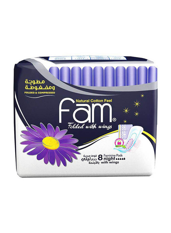 Fam Natural Cotton Feel Night Sanitary Pads, 8-Piece