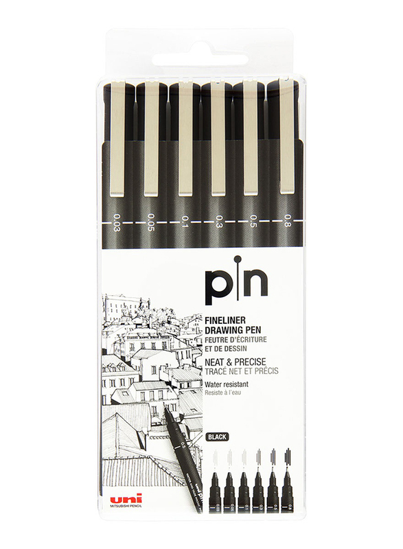 Uni 6-Piece Pin Fine Line Pen Set, Black
