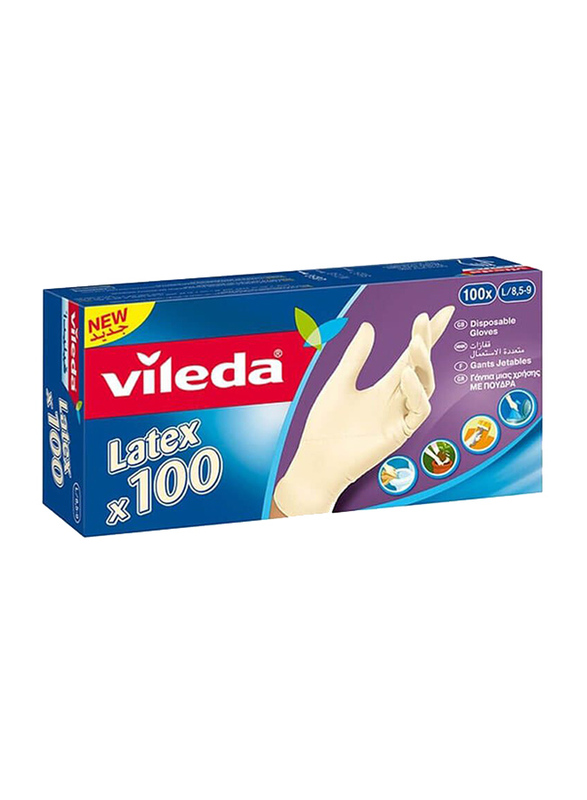 Vileda Disposable Latex Gloves, Large, 100 Pieces