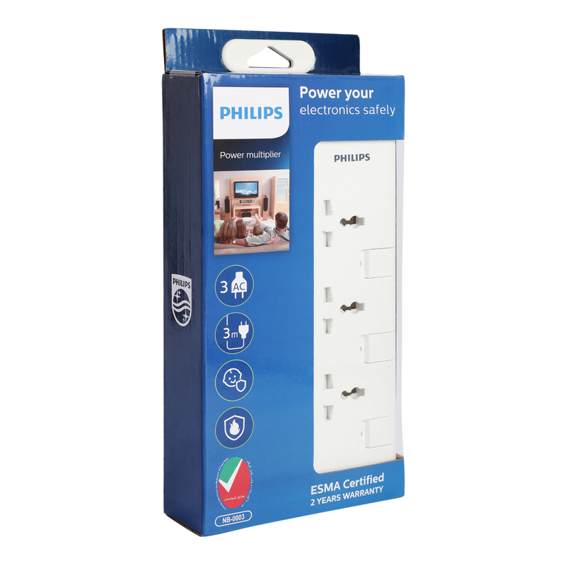 Philips 3 Way Extension Socket with Individual Switch, 3 Meter Cable, White