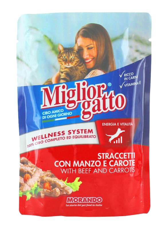 Miglior Cane Pouch Strips Stracetti with Beef and Carrots Wet Cat Food, 100 grams