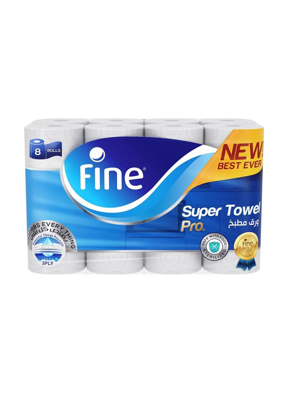 Fine Super Towel Pro, Highly Absorbent, Sterilized & Half Perforated Kitchen Paper Towel - 3 Ply, Pack of 8 Rolls