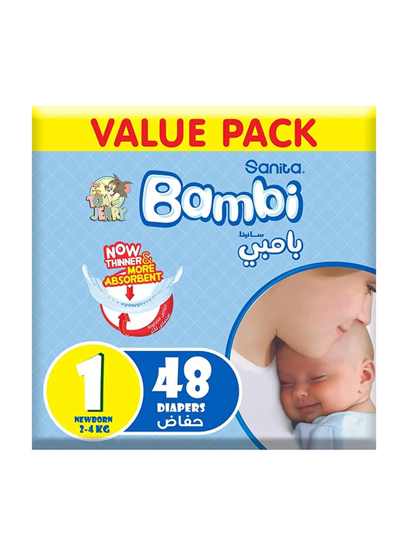 Sanita Bambi Baby Diapers Value Pack Size 1, New Born, 2-4 Kg - 48 Count