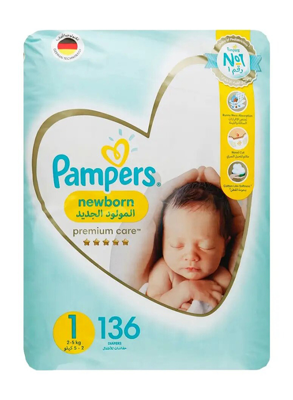 Pampers Premium Care Diapers - Size 1, 2-5 Kg - 136 Counts