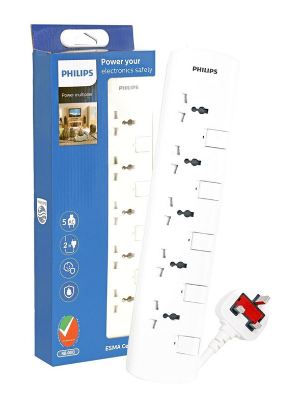 Philips Power Multiplier 5-Way Extension Socket with 2 Meter Cable Individual Switch, White