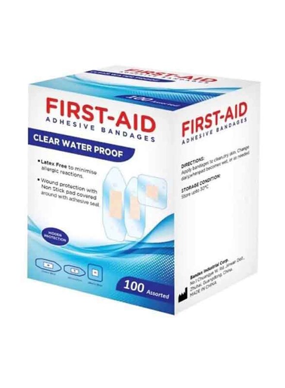 First Aid Clear Water Proof Bandages, Assorted, 100 Pieces