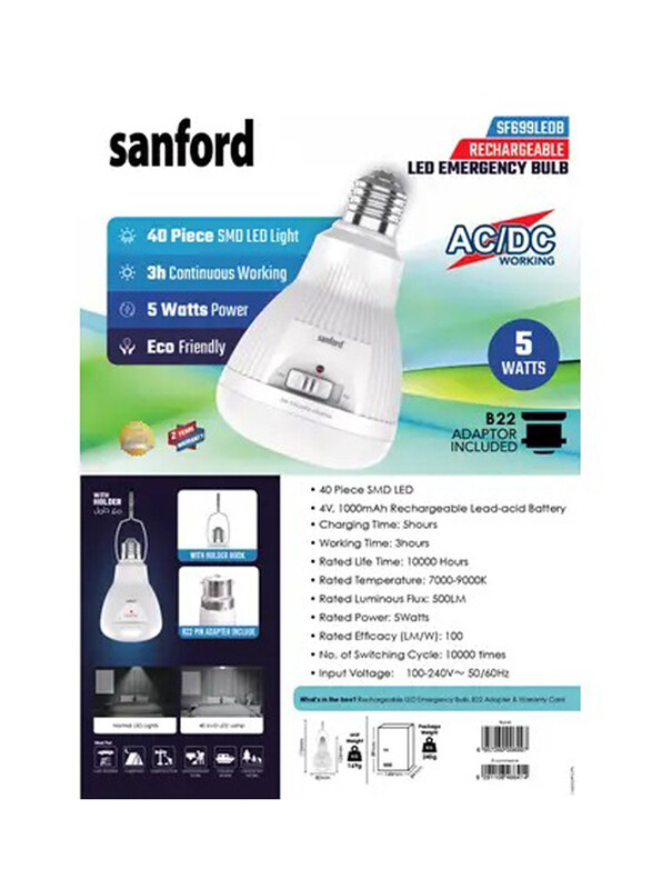 

Sanford Rechargeable Emergency Bulb, SF699LEDB, White