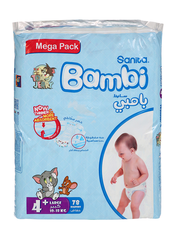 Sanita Bambi Baby Diapers, Size 4+, Large, Junior, Mega Pack, 10-18 kg, 78 Counts