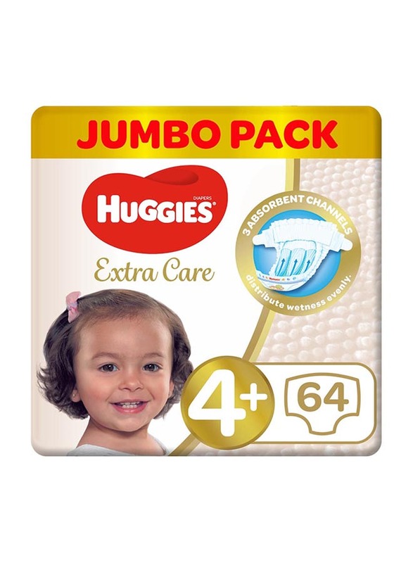 Huggies Extra Care Size 4+, Jumbo Pack, (10-16 kg) - 64 Diapers