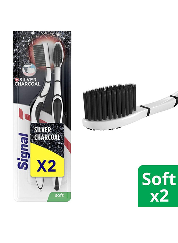 Signal Anti-Bacterial Charcoal Toothbrush, MP2-Soft, 2 Pieces, Silver