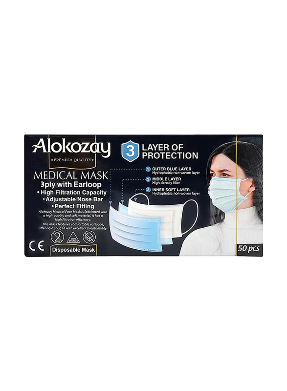 Alokozay Disposable 3ply Face Masks with Ear Loop, 50 Pieces