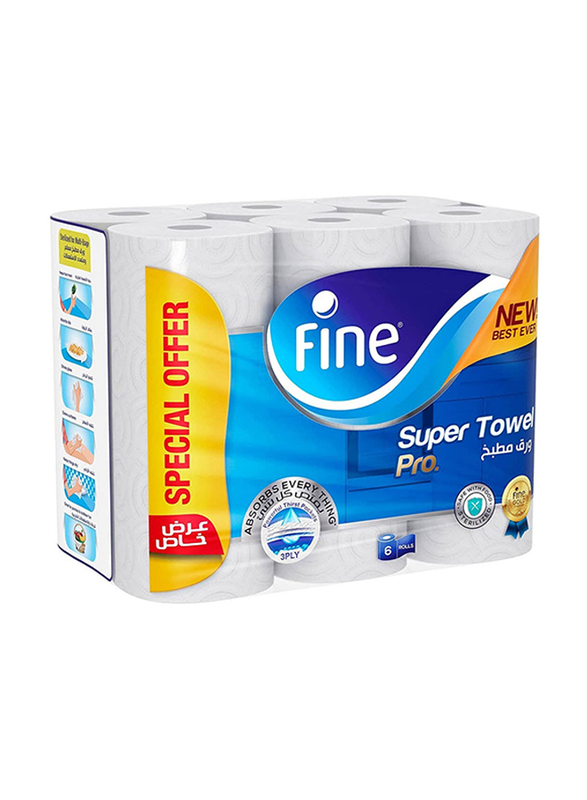 

Fine Super Towel Pro, Highly Absorbent, Sterilized & Half Perforated Kitchen Paper Towel - 3 Ply, 6 Pieces