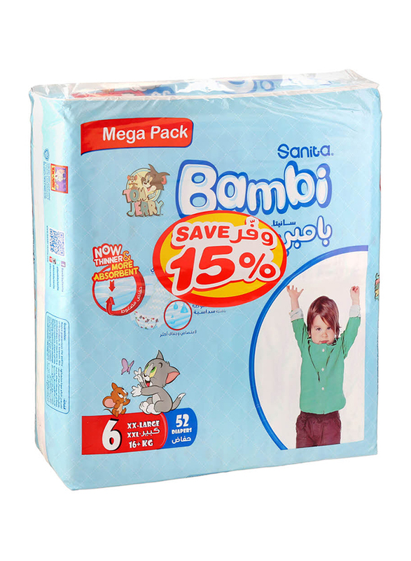 Sanita Bambi Baby Diapers, Size 6, XX-Large, Junior, Mega Pack, 16+ kg, 52 Counts