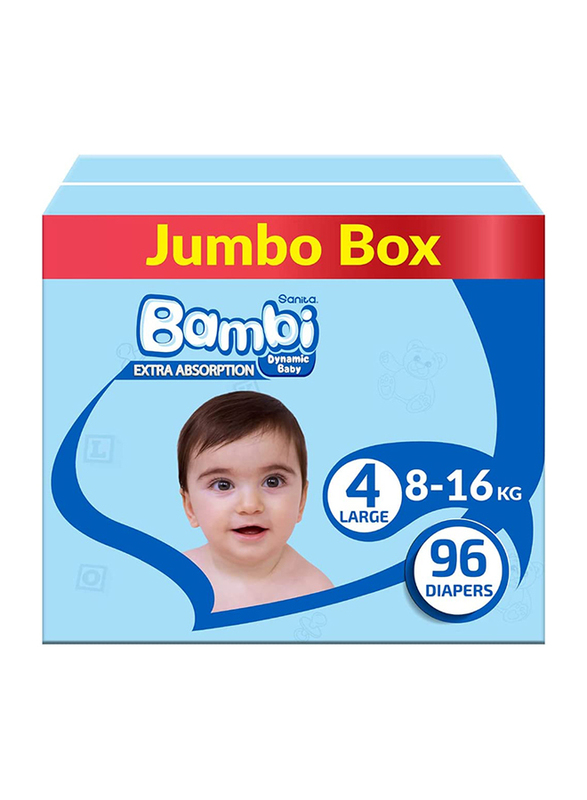 Sanita Bambi Extra Absorption Baby Diapers, Size 4, Large, Junior, 8-16 kg, 96 Counts