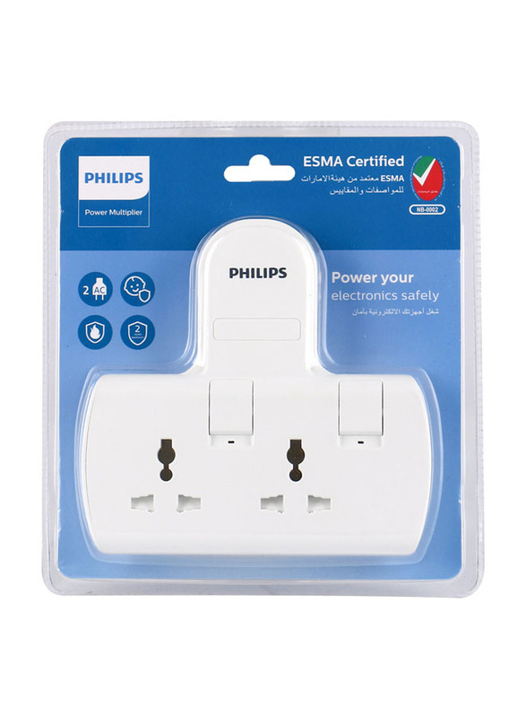 Philips Power Multiplier 2-Way Extension Socket with USB, 3250W, White