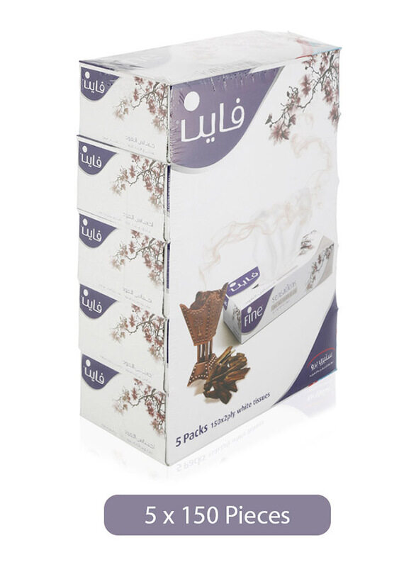 

Fine Oud Scented White Facial Tissues, 5 Packs x 150 Sheets x 2 Ply