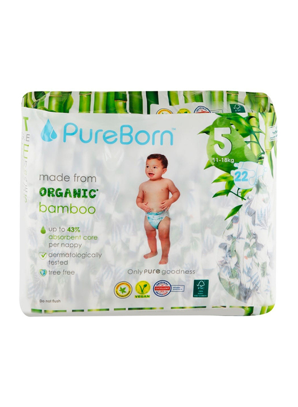 Pureborn Eco Organic Bamboo Baby Diapers, Size 5, 11-18 kg, 22 Count