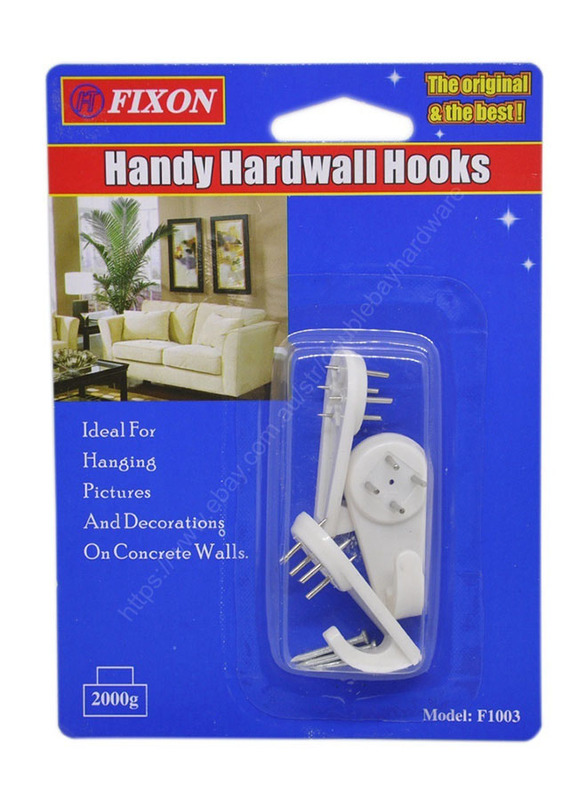 Fixon Handy Hardwall Nail Hooks On Concrete Wall, 3 Pieces, White