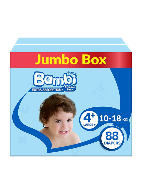 Sanita Bambi Extra Absorption Baby Diapers, Size 4, Large, Junior, 10-18 kg, 88 Counts