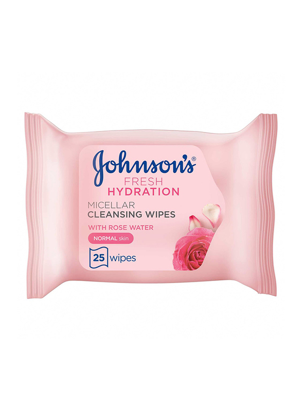 Johnson's Fresh Hydration Micellar Cleansing Wipes with Rose Water for Normal Skin, 25 Sheets