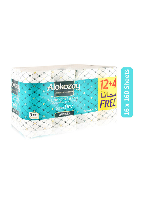 

Alokozay Premium Quality Super Dry 3 Ply Bathroom Tissues Rolls, 16 x 160 Sheets